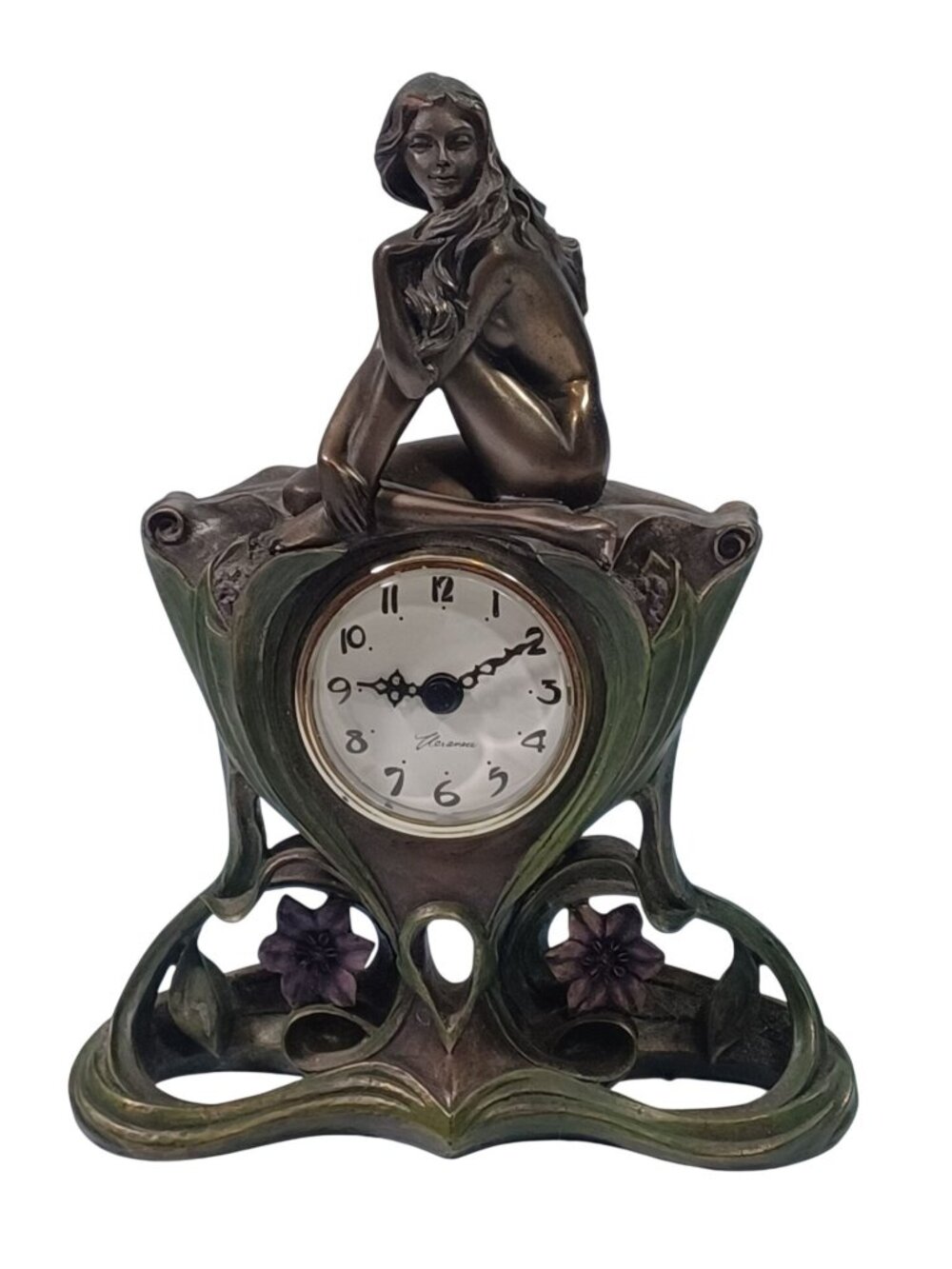 Vintage Veronese Art Nouveau Fairy Nymph Maiden Floral Green Patina Mantel Clock